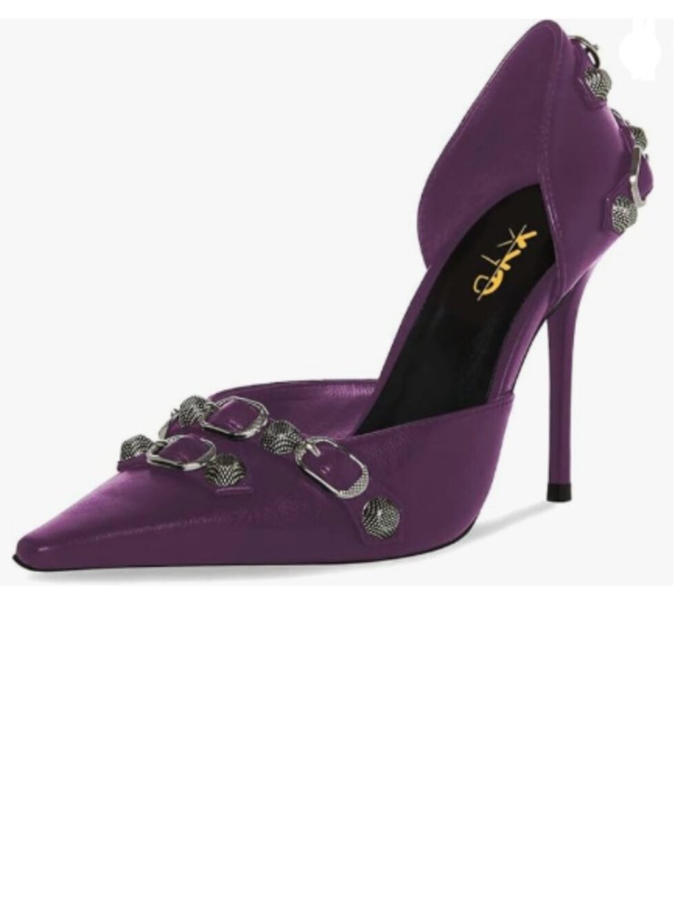 XYD Purple High Heels Slip On Pointed Toe Textured Studs Buckles D'Orsay Pump